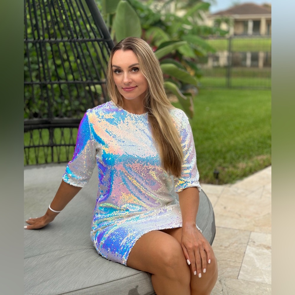 Iridescent Sequin Mini Dress – Size M for Party, Disco, formal event. Handmade